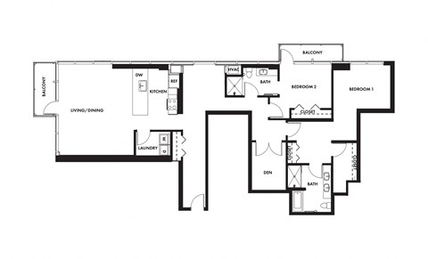 Floor plan for 2 beds, 2 baths, 1835 sqft